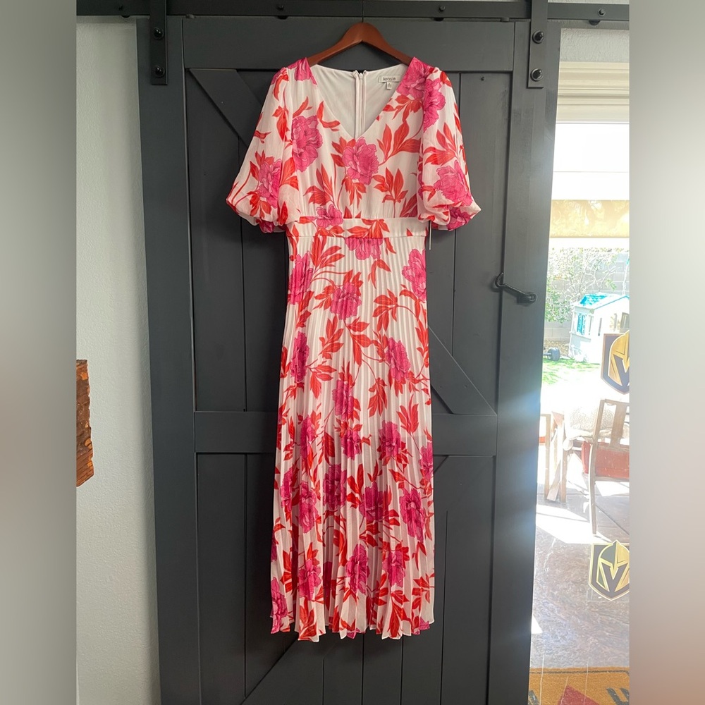 Kensie Pink & Coral Floral Pleated Maxi Dress